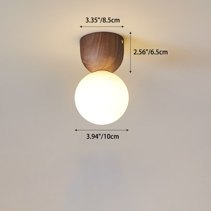 Contemporary Scandinavian Walnut Copper Glass Ball 1-Light Semi-Flush Mount Ceiling Light For Hallway