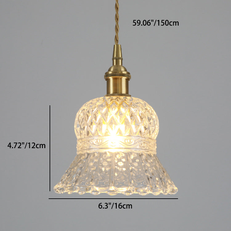 Traditional Japanese Brass Walnut Glass Ceramic Cylinder Conic Flower Bowl 1-Light Pendant Light For Dining Room