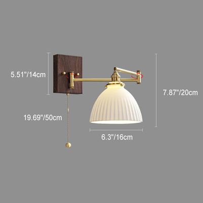 Traditional Japanese Round Cylinder Cone Swing Arm Wood Grain Full Copper Ceramic 1-Light Wall Sconce Lamp For Bedroom