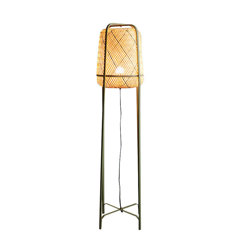 Traditional Japanese Cylindrical Hand-Woven Bamboo 1-Light Standing Floor Lamp For Bedroom