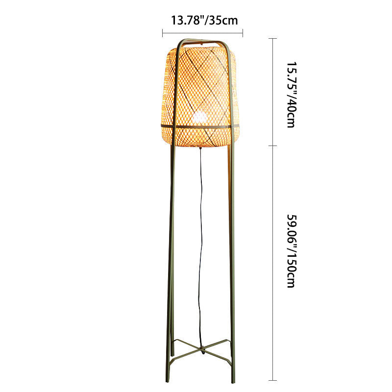 Traditional Japanese Cylindrical Hand-Woven Bamboo 1-Light Standing Floor Lamp For Bedroom