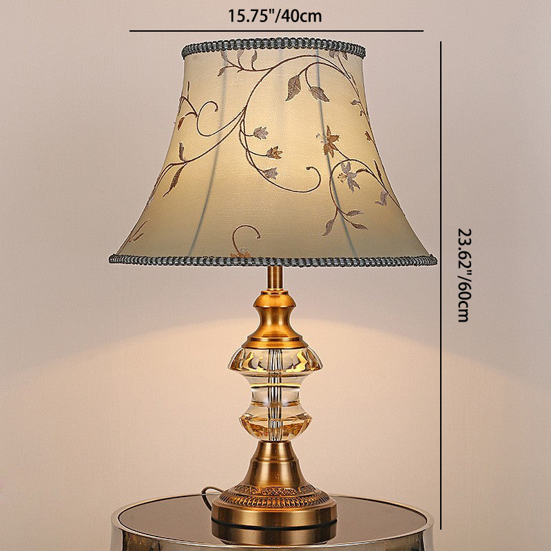 Traditional European Cylinder Hardware Crystal Fabric 1-Light Table Lamp For Bedroom