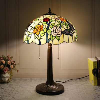 Traditional Tiffany Dome Rose Zipped Zinc Alloy Glass 2-Light Table Lamp For Bedside