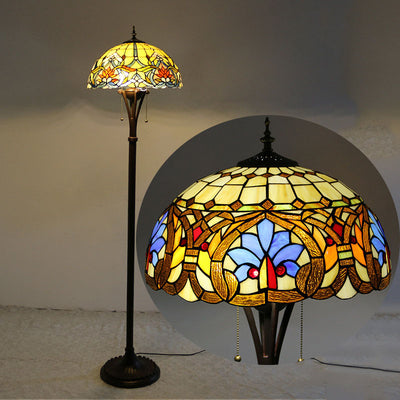 Traditional Tiffany Resin Glass Semicircular Dome Cow Diamond Flower 2-Light Standing Floor Lamp For Dining Room