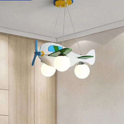 Contemporary Creative Wooden Airplane Glass 3-Light Chandelier For Bedroom