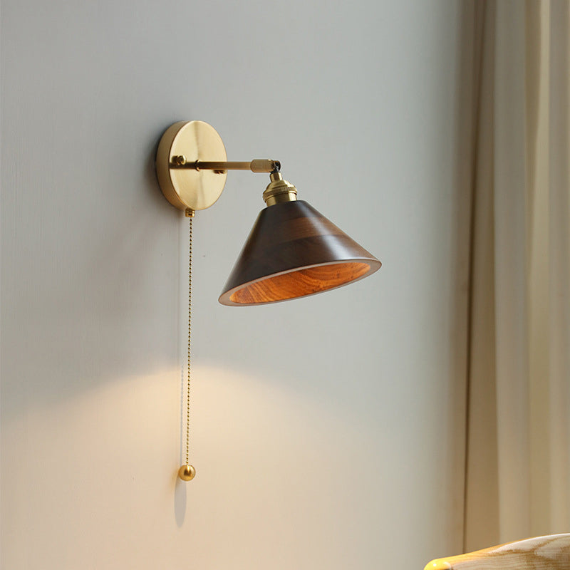 Contemporary Scandinavian Round Cone Dome Copper Wood 1-Light Wall Sconce Lamp For Bedroom