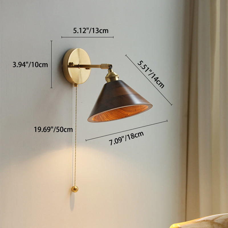 Contemporary Scandinavian Round Cone Dome Copper Wood 1-Light Wall Sconce Lamp For Bedroom