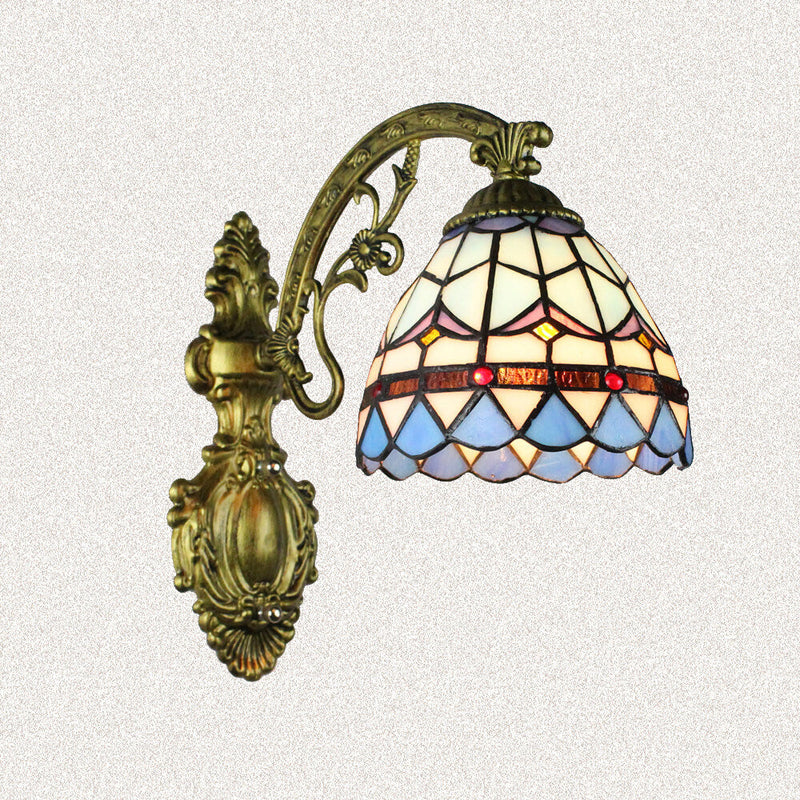 Traditional Tiffany Flower Cup Iron Stained Glass 1-Light Wall Sconce Lamp For Living Room