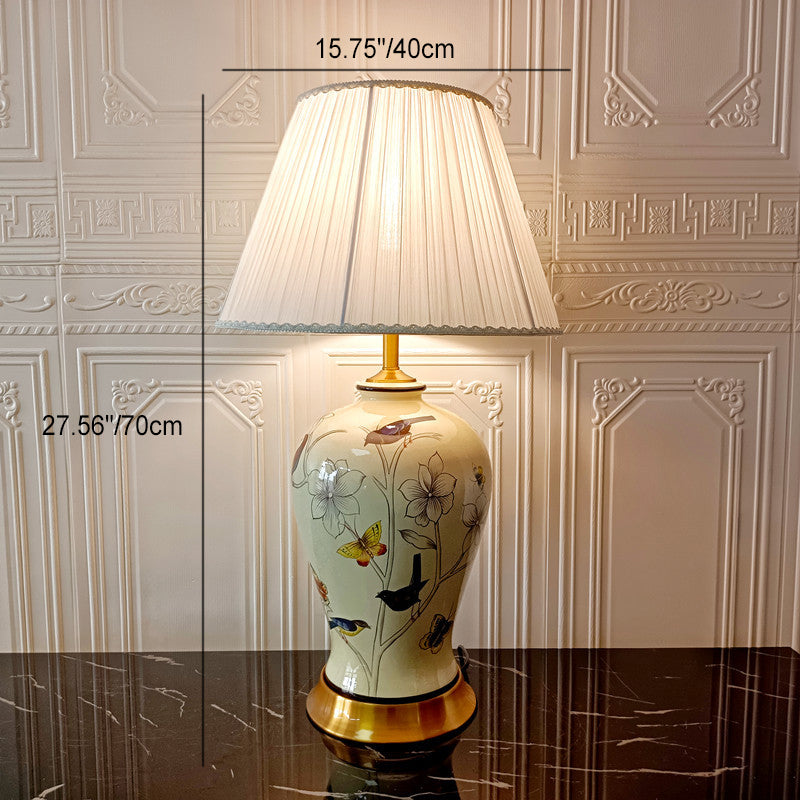 Traditional Chinese Cylinder Bird And Flower Ceramic Fabric 1-Light Table Lamp For Bedroom