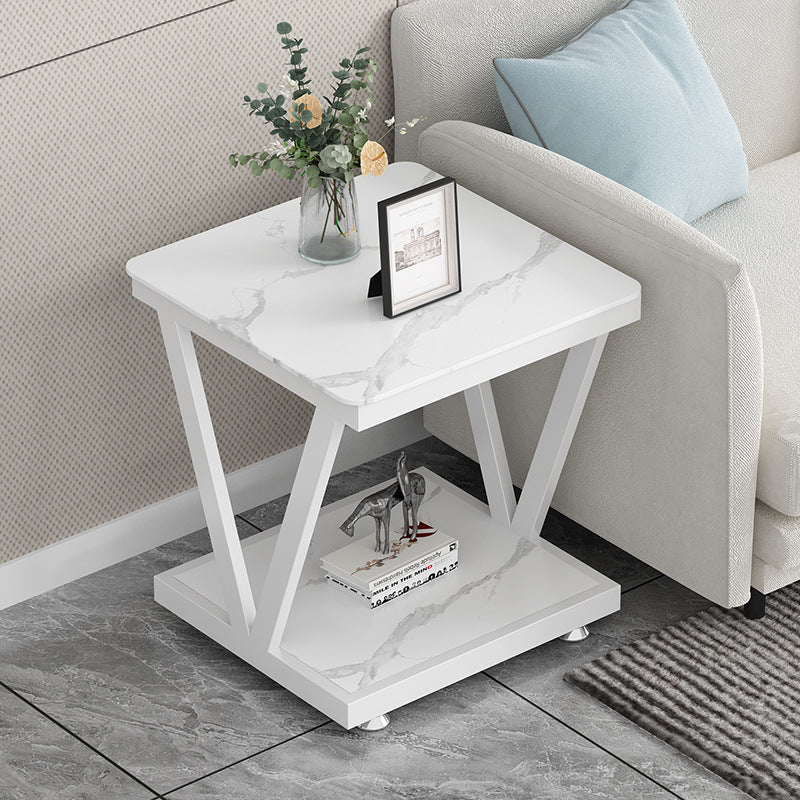 Modern Minimalist Square Rock Slab Stainless Steel Removable Side Table 2-Tier For Living Room