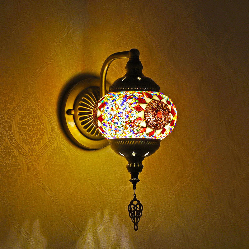 Contemporary Retro Iron Glass Mosaic Globe 1-Light Wall Sconce Lamp For Hallway