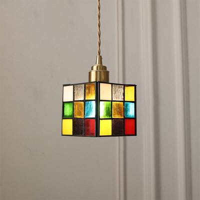 Traditional Tiffany Square Tulip Red Rose Rubik's Cube Brass Stained Glass 1-Light Pendant Light For Living Room