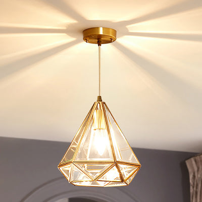 Modern Luxury Gold Finish Frame Geometric Glass Shade 1-Light Pendant Light For Bedroom