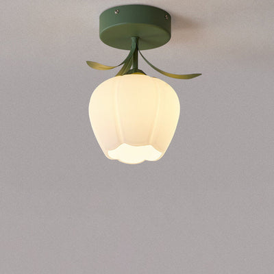 Contemporary Creative Cream Flower Pod Flower Globe Iron Glass 1-Light Semi-Flush Mount Ceiling Light For Hallway