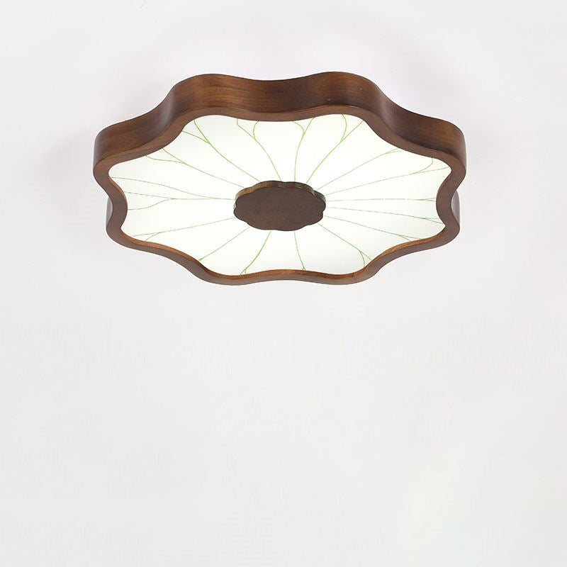 Traditional Chinese Lotus Leaf Wooden Iron Acrylic LED Flush Mount Ceiling Light For Living Room