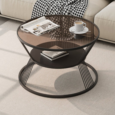 Modern Minimalist Round Hourglass Shape Glass Iron Coffee Table 2-Tier For Living Room