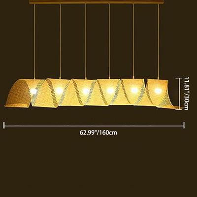 Traditional Japanese Bamboo Wood Wave Spiral 2/3/6 Light Chandeliers For Dining Room