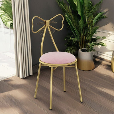 Contemporary Creative Bow Round Upholstered Velvet Metal Vanity Stool Backrest For Bedroom