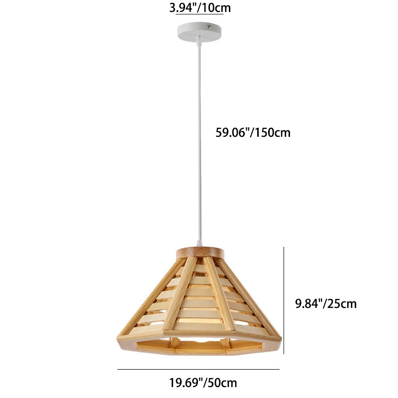 Traditional Japanese Iron Wood Conic Pyramid 1-Light Pendant Light For Dining Room