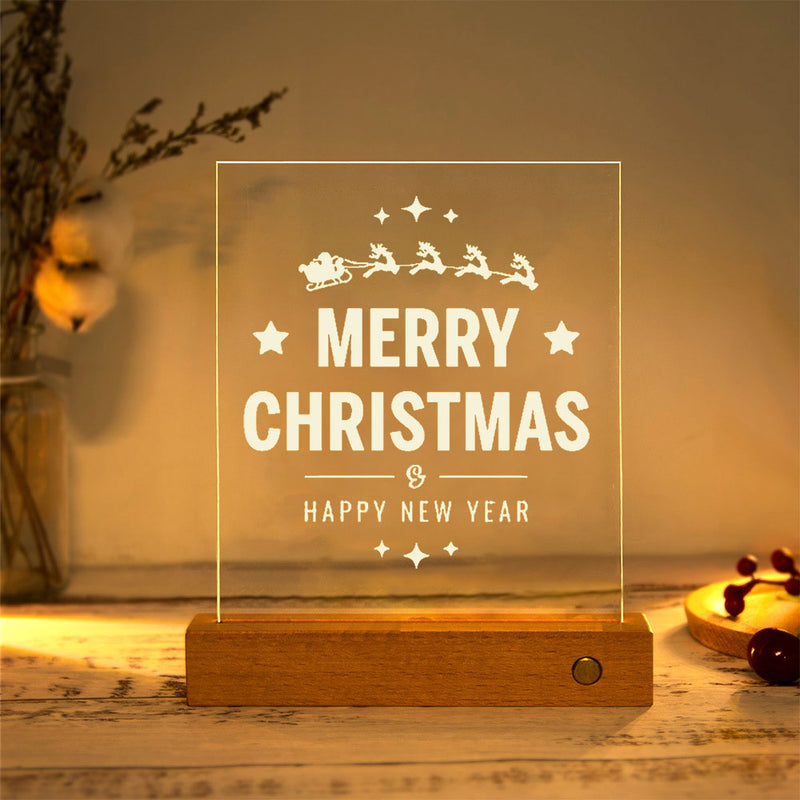 Modern Christmas Rectangular Acrylic Plate Solid Wood USB LED Table Lamp