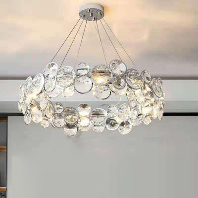 Modern Luxury Tiered Crystal Disc Round Shade Stainless Steel 8/12-Light Chandelier For Living Room