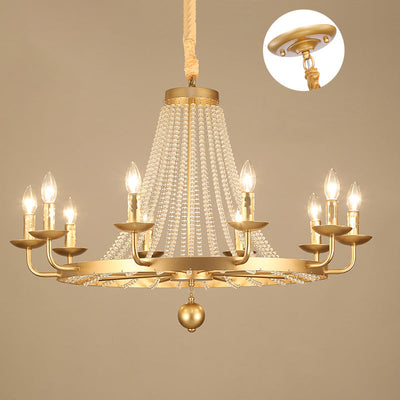 Contemporary Luxury Iron Round Frame Candelabra Crystal Bead 6/8/10/12-Light Chandelier For Living Room