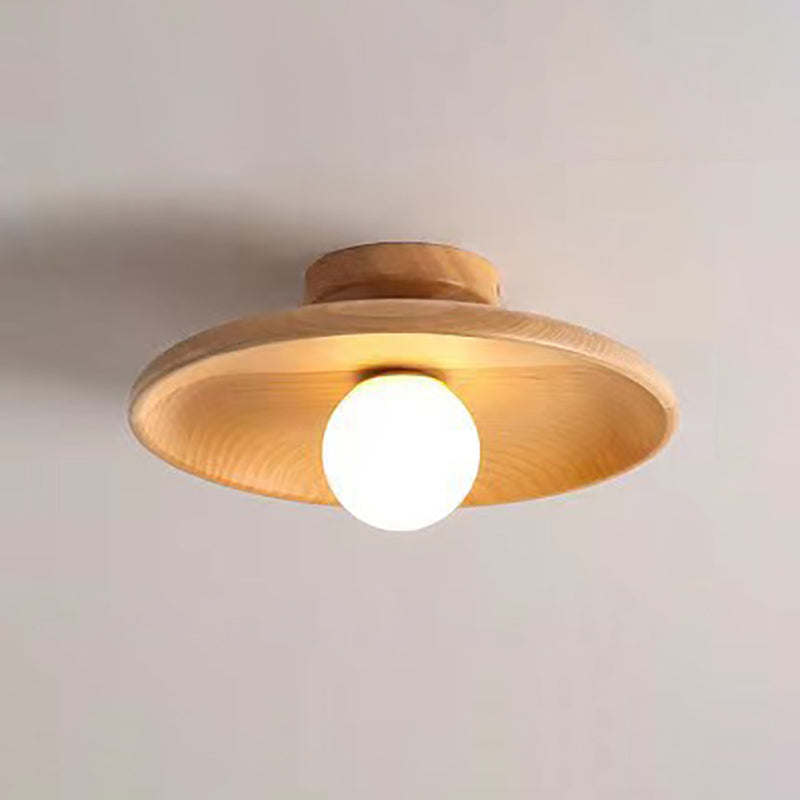 Contemporary Simplicity Round Wood Glass 1-Light Semi-Flush Mount Ceiling Light For Living Room