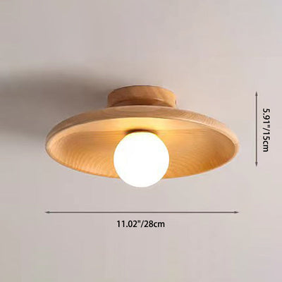 Contemporary Simplicity Round Wood Glass 1-Light Semi-Flush Mount Ceiling Light For Living Room