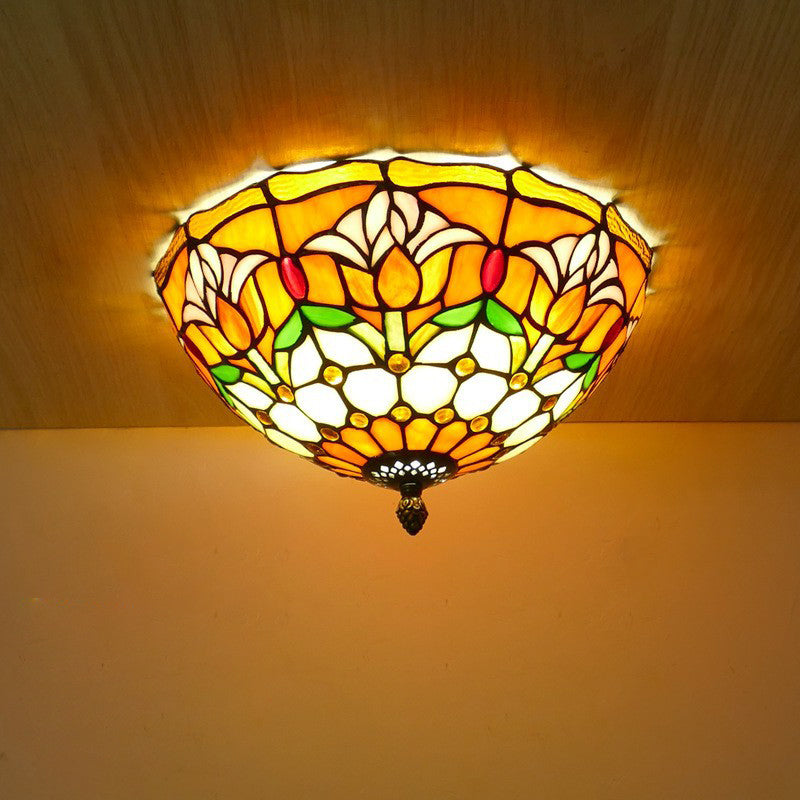 Traditional Tiffany Tulip Stained Glass Iron Dome 2/3-Light Flush Mount Ceiling Light For Living Room