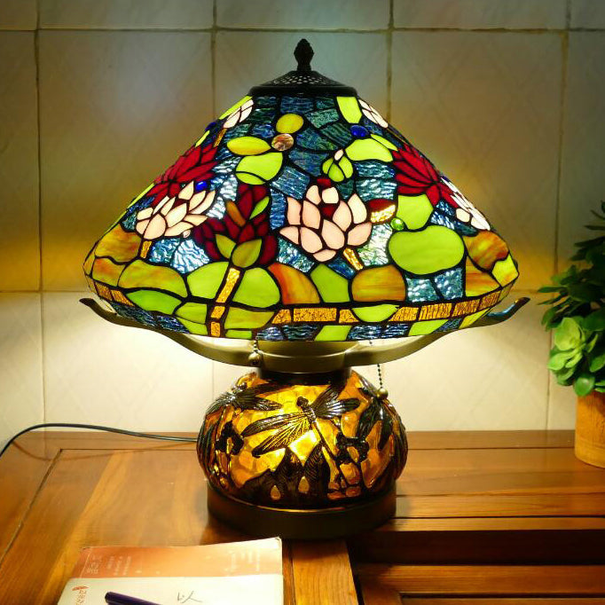 Traditional Tiffany Iron Glass Conic Dragonfly Water Lily 2/3 Light Table Lamp For Study