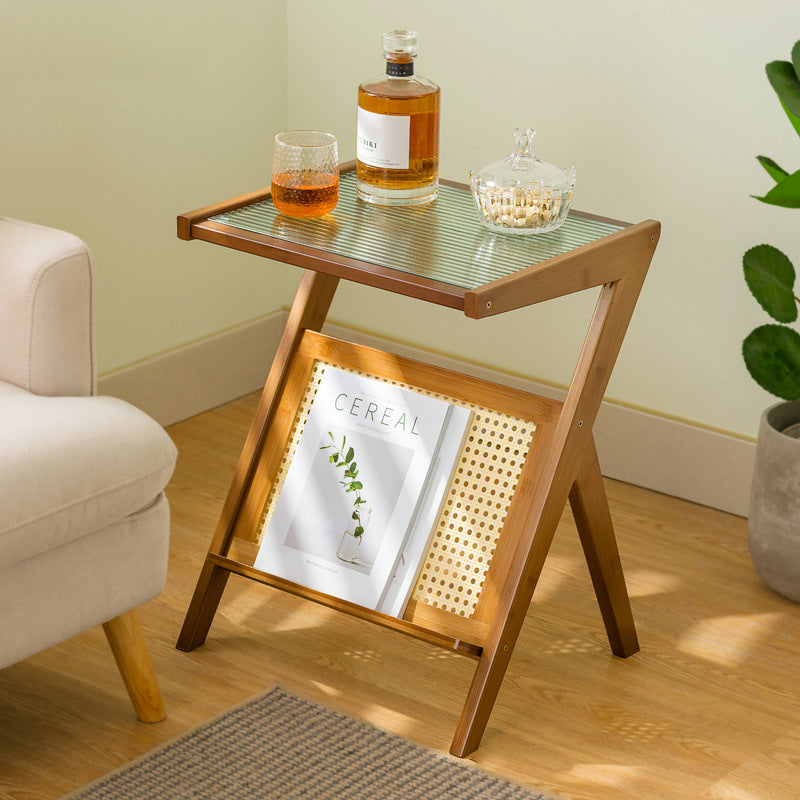 Contemporary Creative Rectangular Geometric Bamboo Glass Side Table 1-Shelf For Living Room