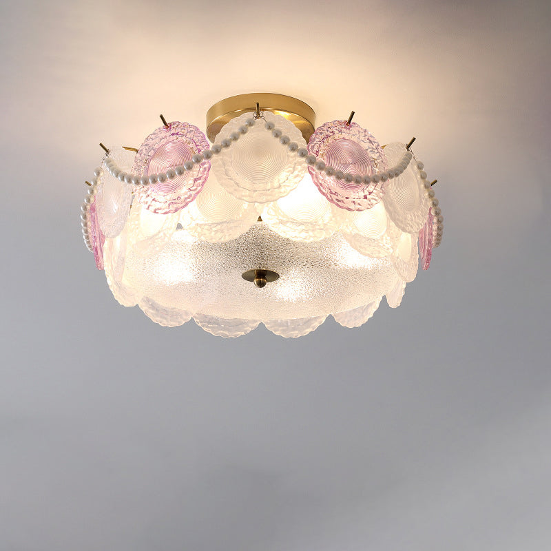 Traditional French Shell Textured Glass Round Shade Pearl Decor 5/8-Light Semi-Flush Mount Ceiling Light For Living Room