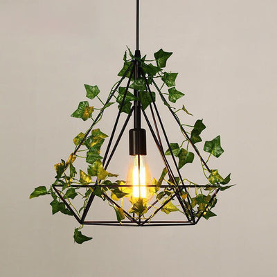 Contemporary Retro Iron Hemp Rope Simulated Greenery Diamond Sakura Leaf 1-Light Pendant Light For Dining Room