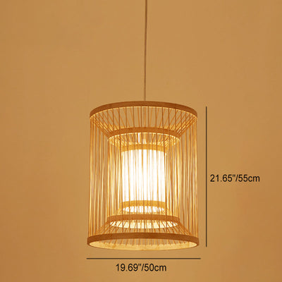 Traditional Chinese Round Vertical Bamboo 1-Light Pendant Light For Living Room