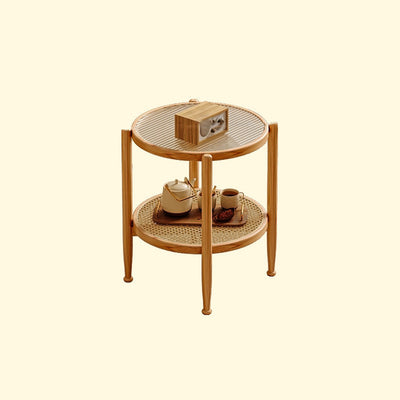 Traditional Japanese Round Glass Rattan Solid Wood End Table 2-Tier For Living Room