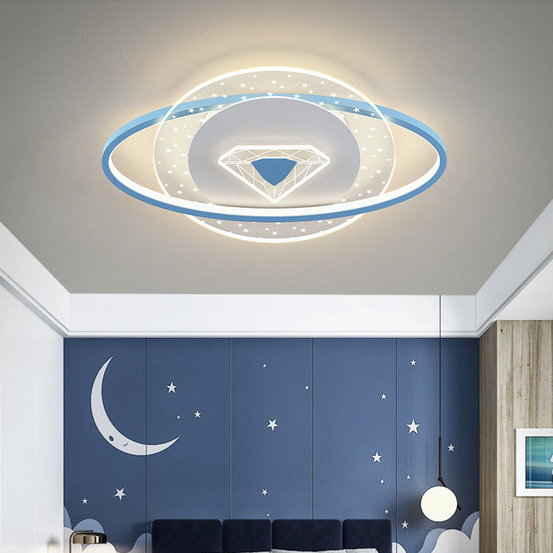 Contemporary Creative Kids Round Circle Diamond Iron Acrylic LED Flush Mount Ceiling Light For Bedroom