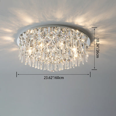 Contemporary Luxury Dazzling Prismatic Crystal Strings Stainless Steel Round Frame 2/6/8-Light Flush Mount Ceiling Light For Living Room