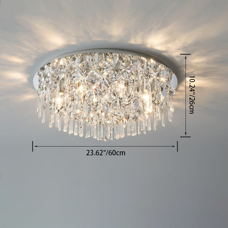 Contemporary Luxury Dazzling Prismatic Crystal Strings Stainless Steel Round Frame 2/6/8-Light Flush Mount Ceiling Light For Living Room