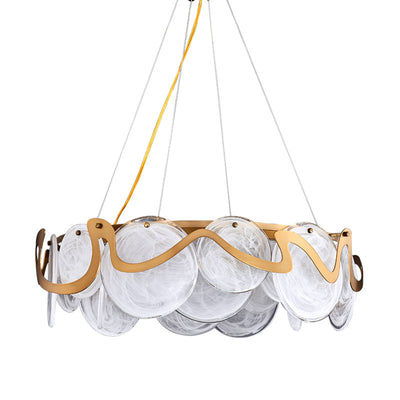 Contemporary Luxury Gold Finish Frame Cloud Texture Glass Disc 8/10-Light Chandelier For Living Room