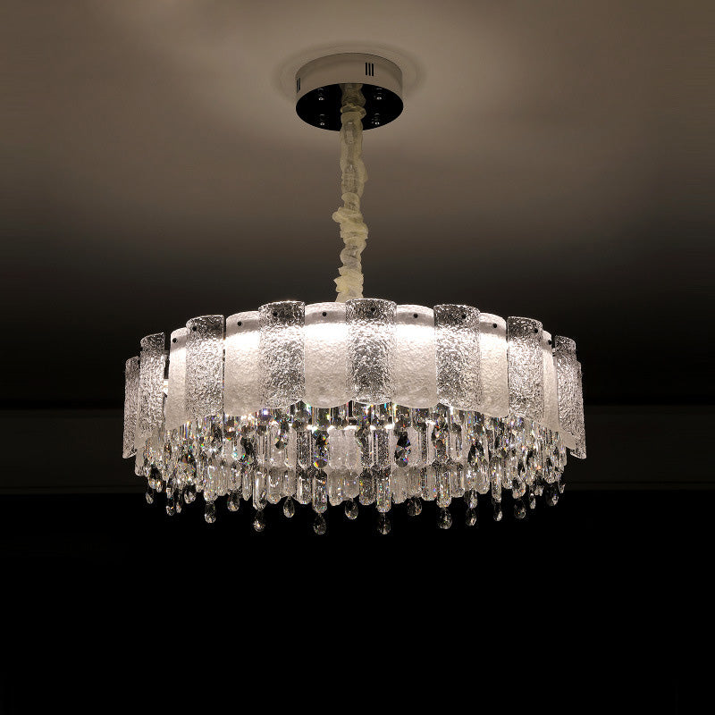 Traditional French Round Ripple Metal Crystal Glass LED Chandeliers For Living Room