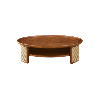 Contemporary Nordic Round Wood Rattan Coffee Table 2-Tier For Living Room