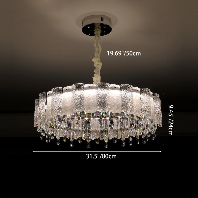 Traditional French Round Ripple Metal Crystal Glass LED Chandeliers For Living Room