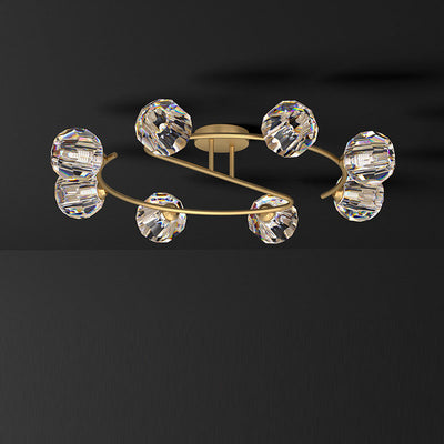 Contemporary Luxury Round Curved Pole Copper Crystal 2/6/8 Light Semi-Flush Mount Ceiling Light For Living Room