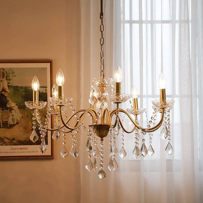 Traditional French Round Branch Crystal Candelabra Full Brass Glass 5/6/8 Light Chandelier For Living Room