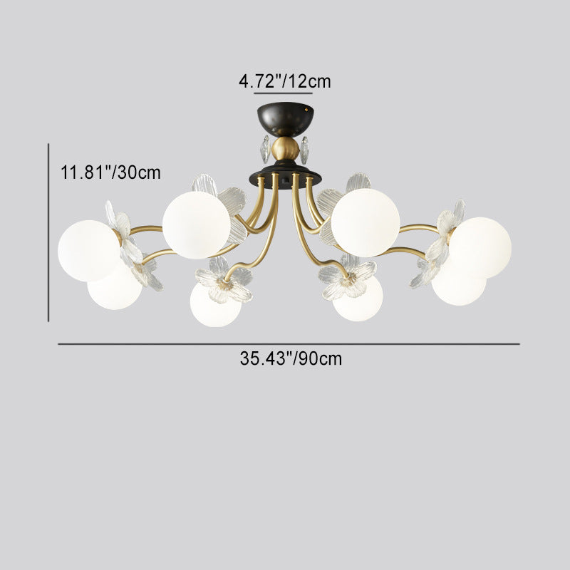 Contemporary Luxury Full Copper Petal Glass Shade 3/6/8-Light Semi-Flush Mount Ceiling Light For Living Room