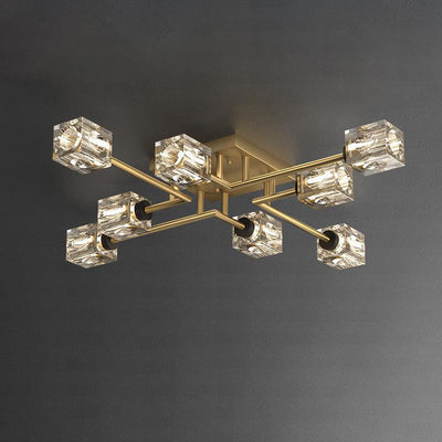 Contemporary Luxury Branch Rectangle Full Copper Crystal 4/6/8 Light Semi-Flush Mount Ceiling Light For Living Room