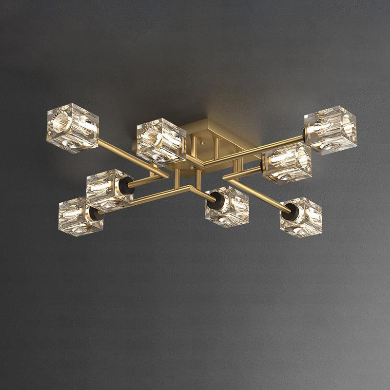 Contemporary Luxury Branch Rectangle Full Copper Crystal 4/6/8 Light Semi-Flush Mount Ceiling Light For Living Room