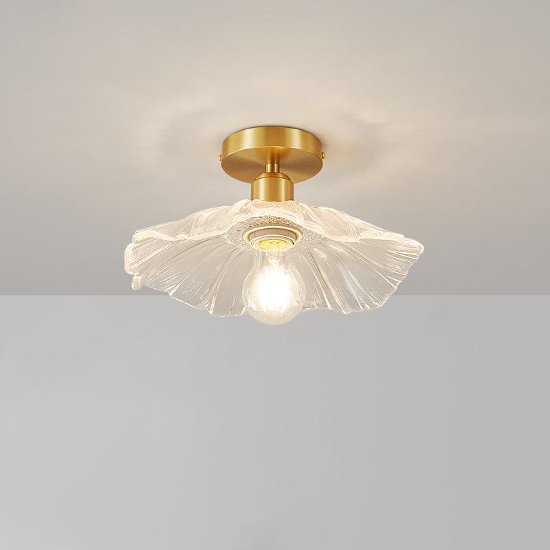 Modern Minimalist Flower Petal Lotus Leaf Copper Glass 1-Light Semi-Flush Mount Ceiling Light For Hallway