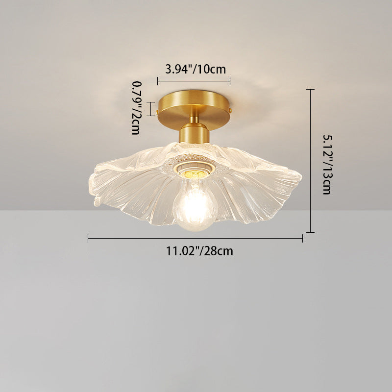 Modern Minimalist Flower Petal Lotus Leaf Copper Glass 1-Light Semi-Flush Mount Ceiling Light For Hallway