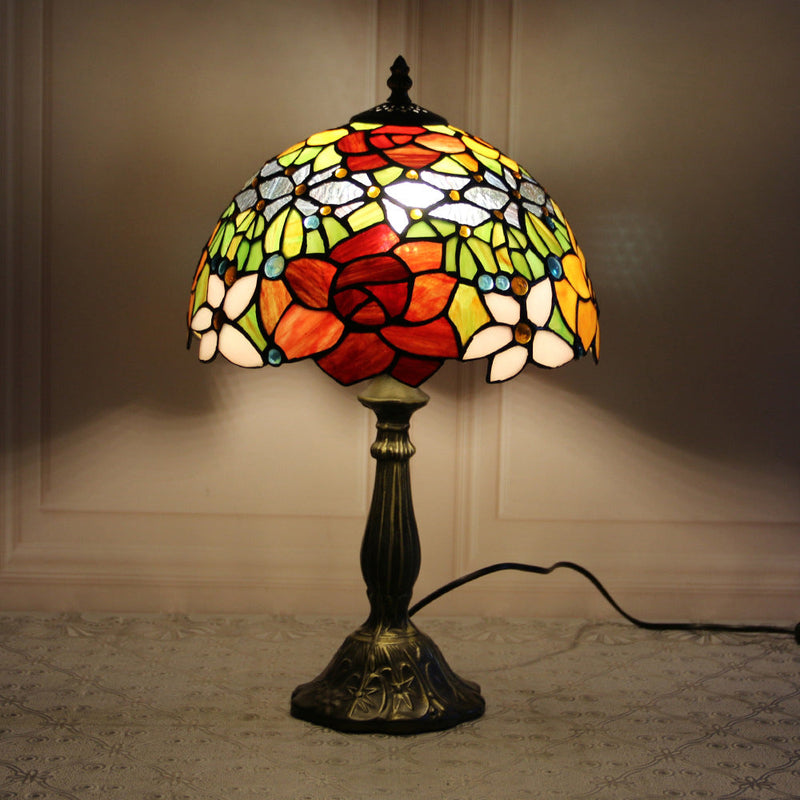 Traditional Tiffany Stained Glass Dome Shade Lotus Alloy Base 1-Light Table Lamp For Bedroom